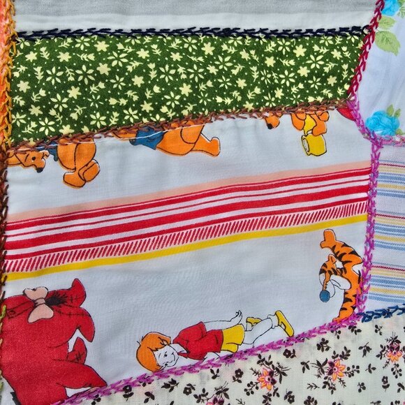 Vintage Crazy Quilt Top 1940s 50s Feedsack Patchwork Hand Embroidery 66x85